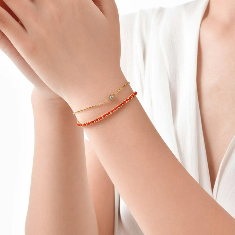 18K Gold-Plated Double-Layer Red Rope Bracelet with Single Bezel Stone