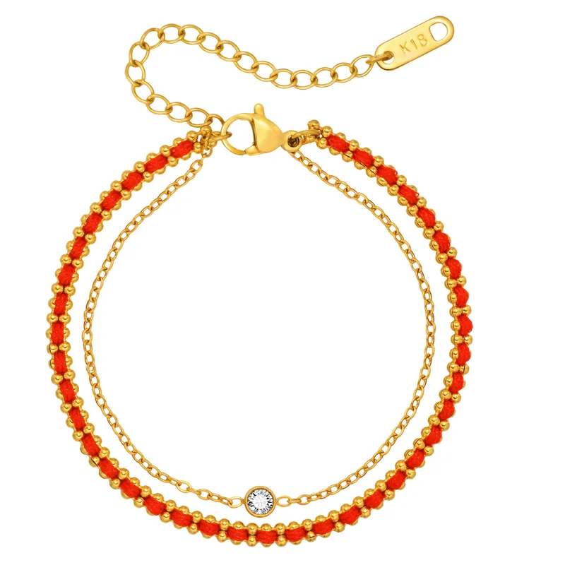 18K Gold-Plated Double-Layer Red Rope Bracelet with Single Bezel Stone
