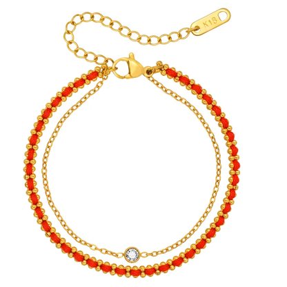 18K Gold-Plated Double-Layer Red Rope Bracelet with Single Bezel Stone