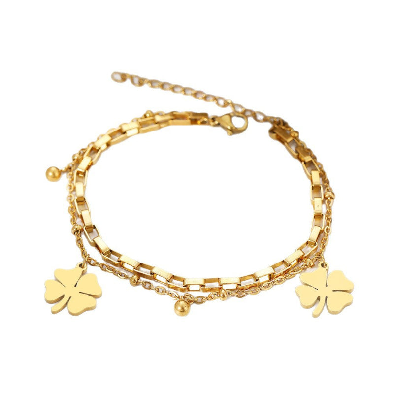 Stylish Double-Layer Bracelet With Four-Leaf Clover Charm