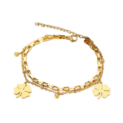 Stylish Double-Layer Bracelet With Four-Leaf Clover Charm