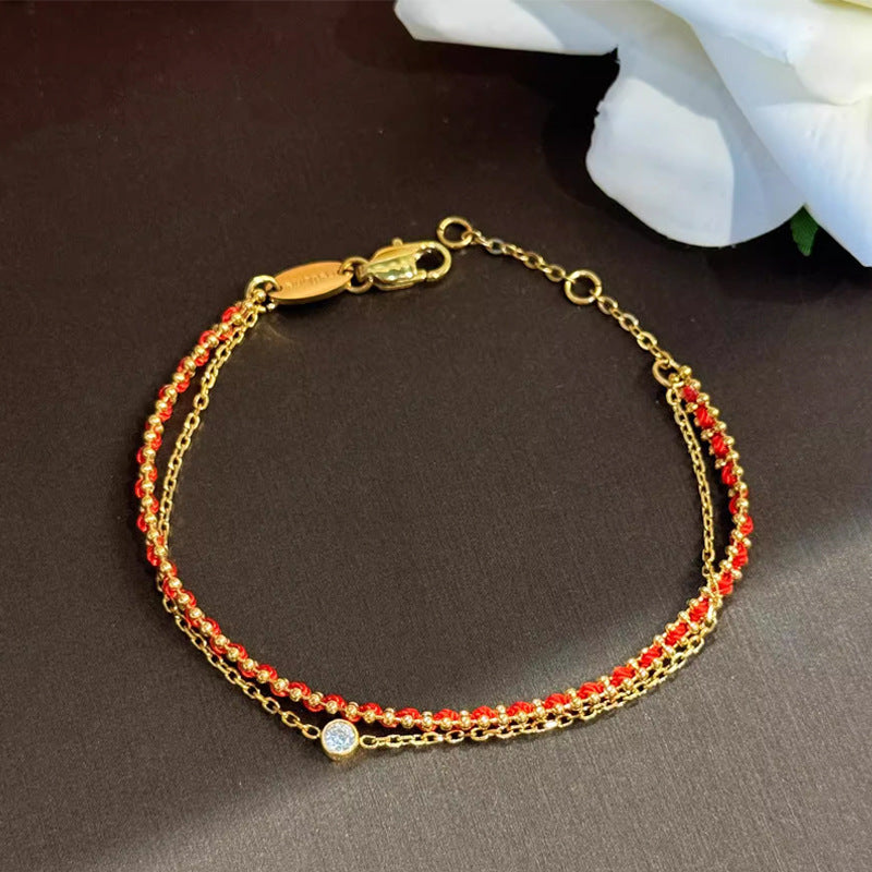 18K Gold-Plated Double-Layer Red Rope Bracelet with Single Bezel Stone