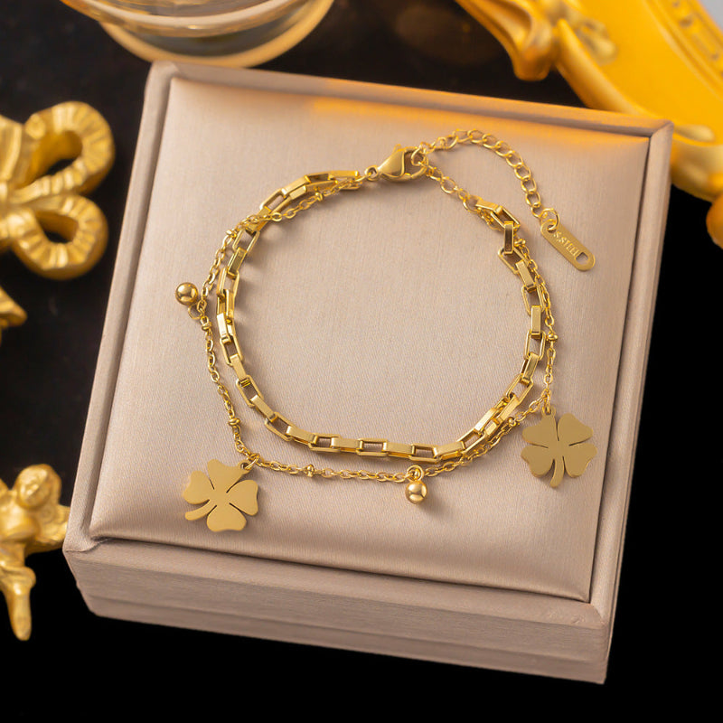 Stylish Double-Layer Bracelet With Four-Leaf Clover Charm