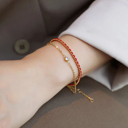 18K Gold-Plated Double-Layer Red Rope Bracelet with Single Bezel Stone