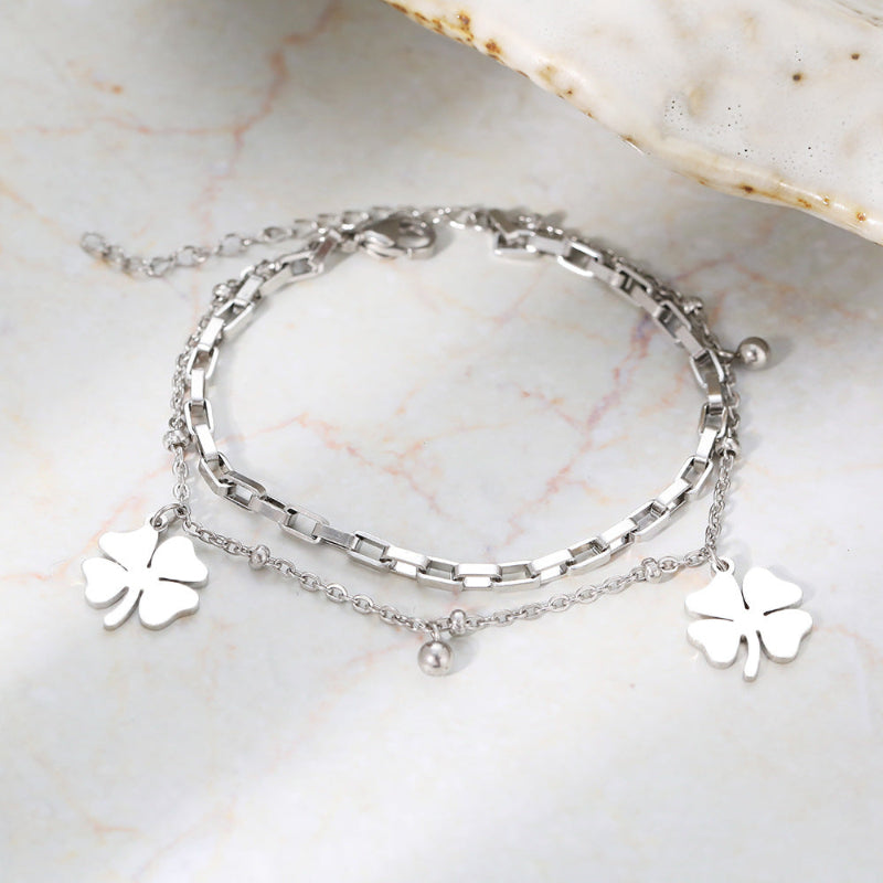 Stylish Double-Layer Bracelet With Four-Leaf Clover Charm