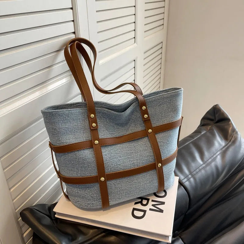 Striped Denim Tote Bag 1