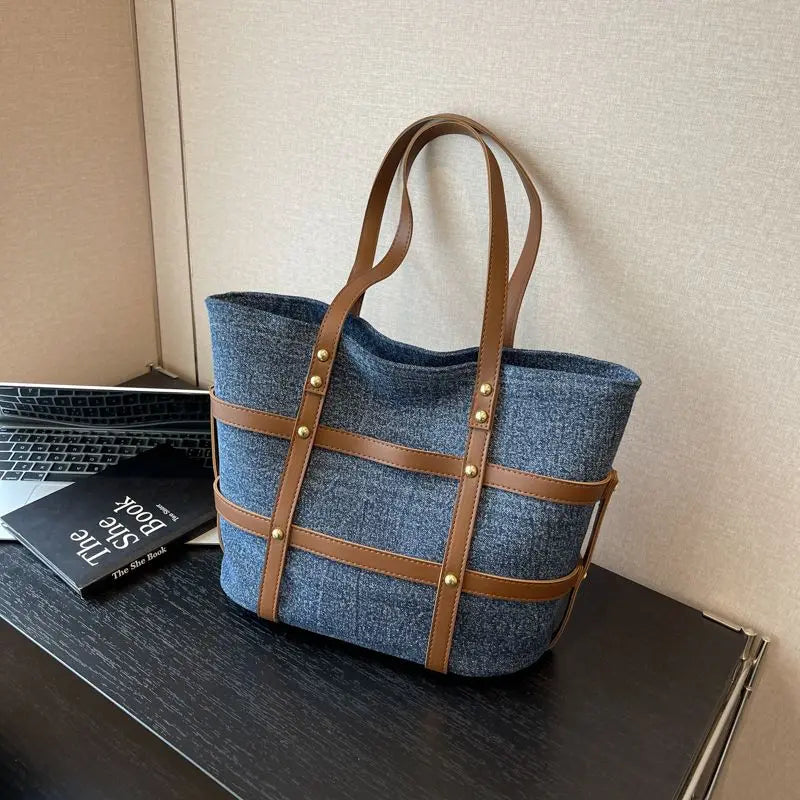Striped Denim Tote Bag 7