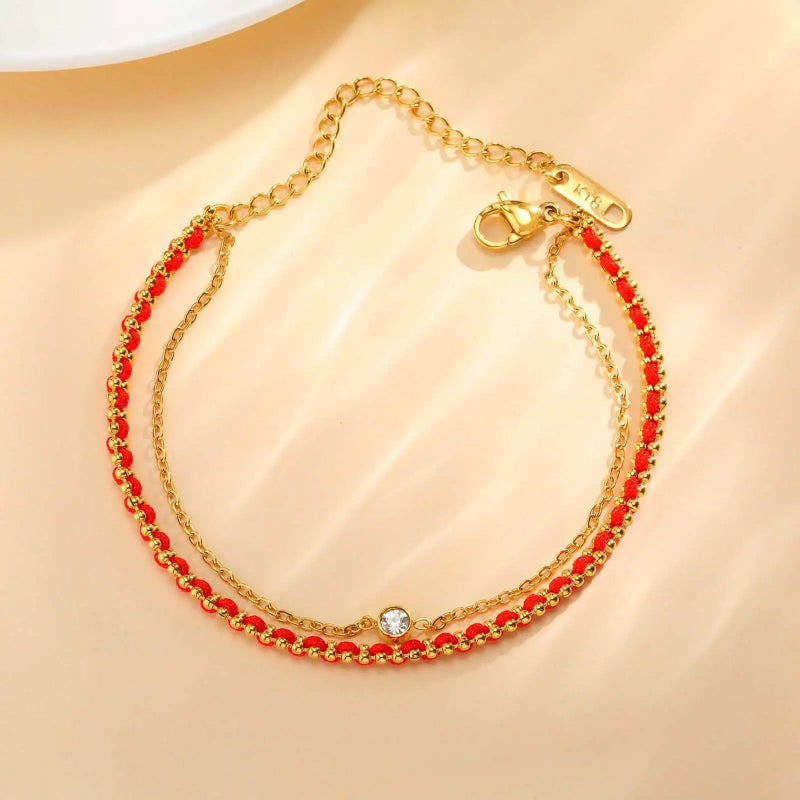 18K Gold-Plated Double-Layer Red Rope Bracelet with Single Bezel Stone