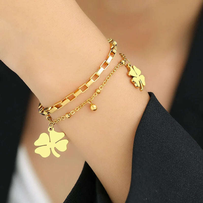 Stylish Double-Layer Bracelet With Four-Leaf Clover Charm