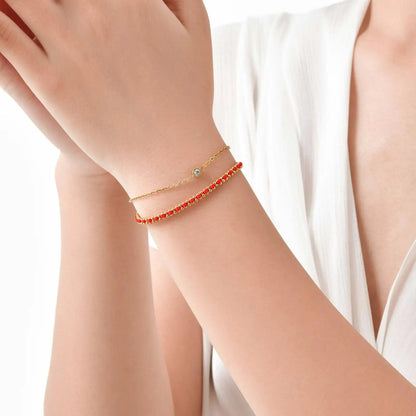 18K Gold-Plated Double-Layer Red Rope Bracelet with Single Bezel Stone