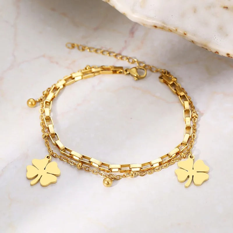 Stylish Double-Layer Bracelet With Four-Leaf Clover Charm