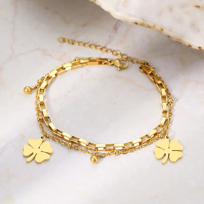 Stylish Double-Layer Bracelet With Four-Leaf Clover Charm
