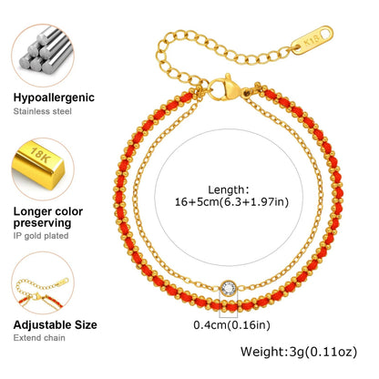 18K Gold-Plated Double-Layer Red Rope Bracelet with Single Bezel Stone