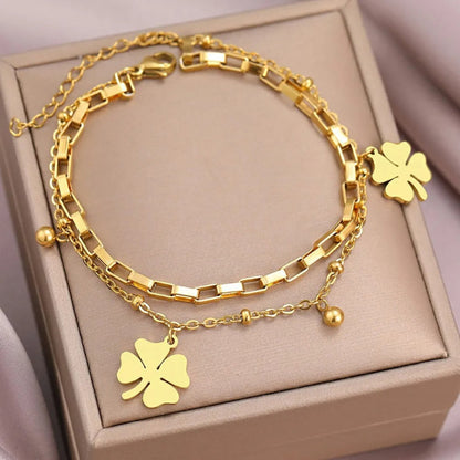 Stylish Double-Layer Bracelet With Four-Leaf Clover Charm