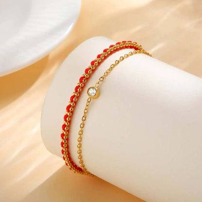 18K Gold-Plated Double-Layer Red Rope Bracelet with Single Bezel Stone