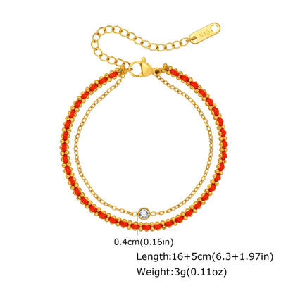 18K Gold-Plated Double-Layer Red Rope Bracelet with Single Bezel Stone